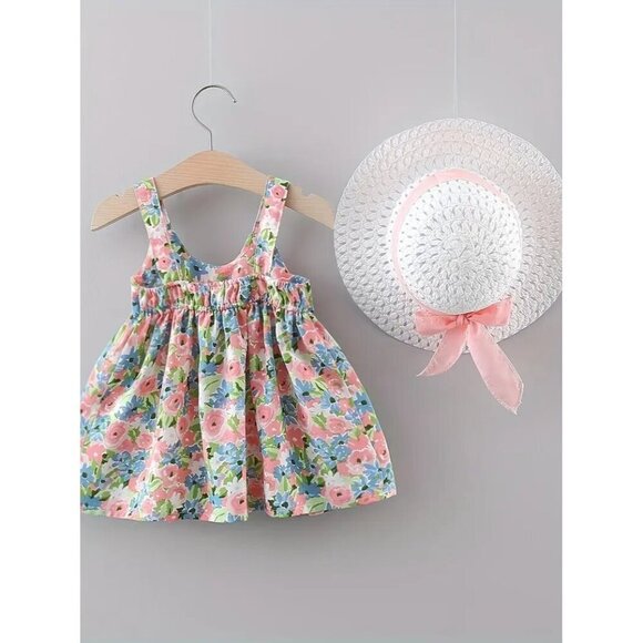 2pcs Set Summer Fashion Floral Print Sleeveless Dress and Matching Hat for Baby - Picture 2 of 2